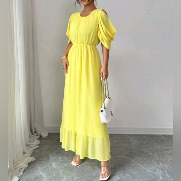 Women's Ruffle Shoulder Sleeve Patchwork Hem Yellow Chiffon Dress, French Refres - Picture 4 of 6